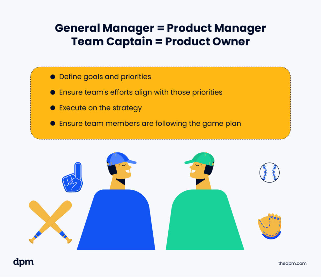 comparison between general manager and product manager, and comparison between team captain and product owner