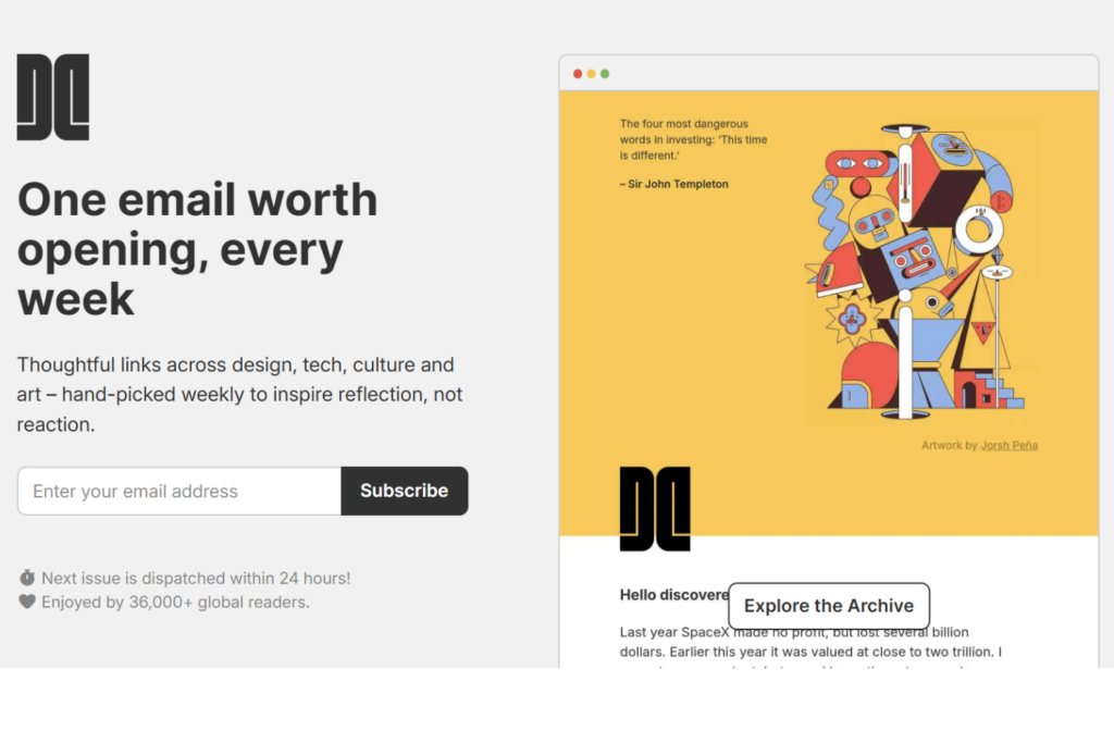 Dense Discovery newsletter signup page featuring curated weekly links on design and technology