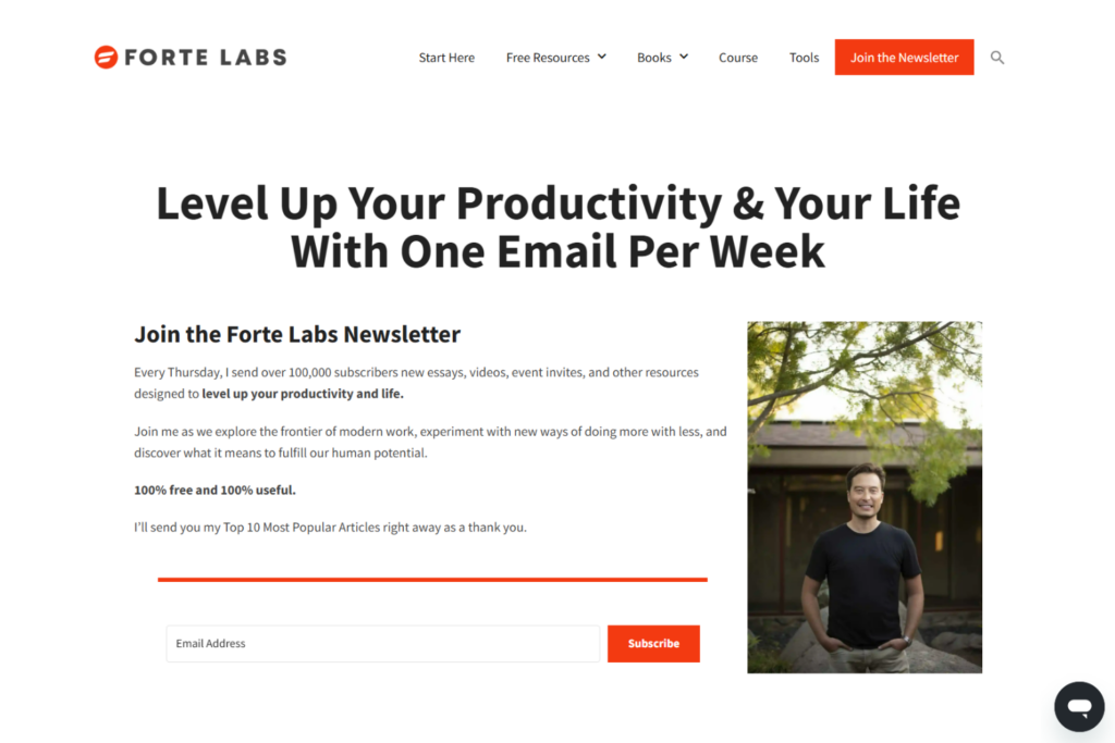 Forte Labs Newsletter signup page featuring weekly productivity and knowledge management insights