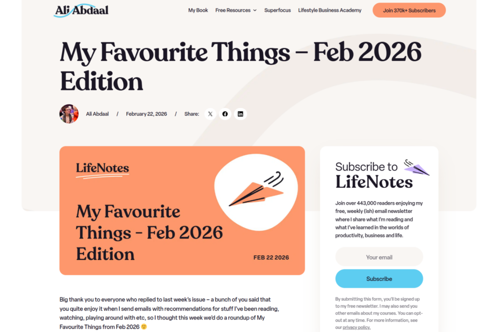 LifeNotes newsletter page featuring Ali Abdaal's weekly insights on productivity and business