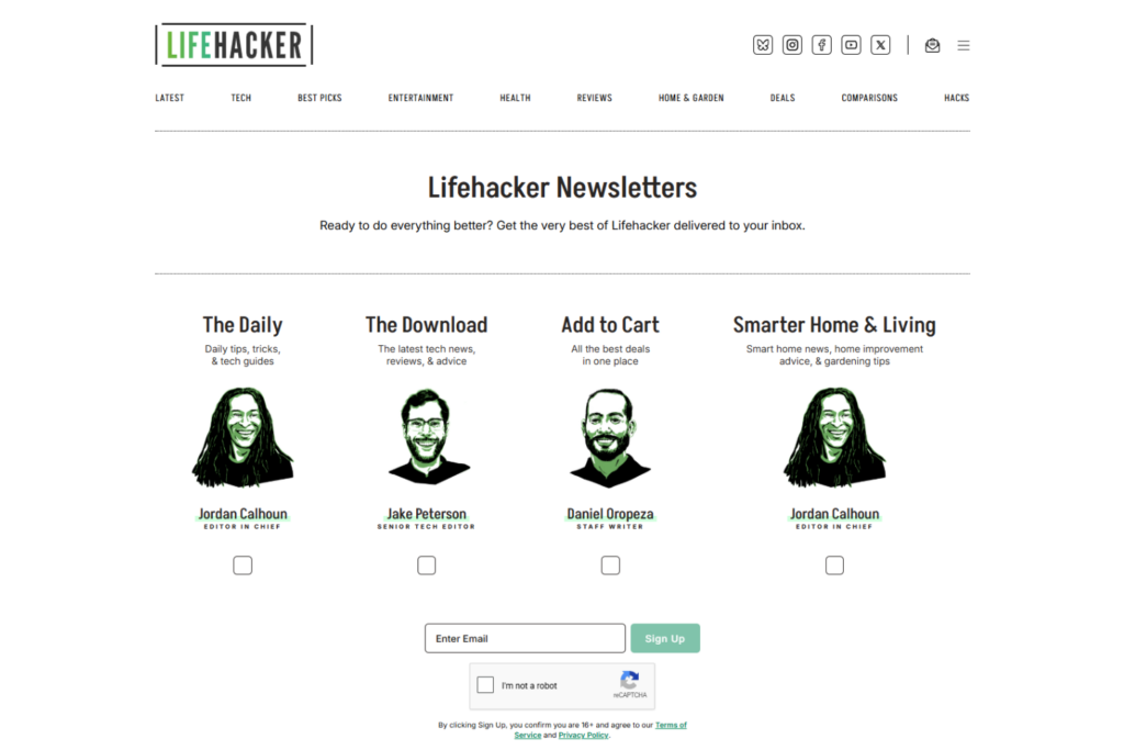 Lifehacker Newsletter signup page featuring newsletters on tech, deals, and everyday life tips