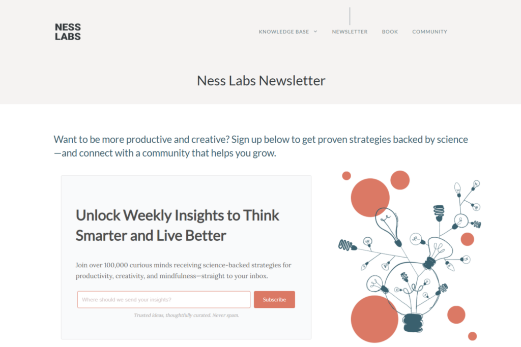 Ness Labs Newsletter signup page featuring science-backed productivity and creativity insights