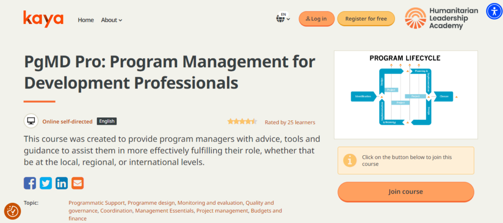 Website screenshot of the PgMD Pro: Program Management for Development Professionals course
