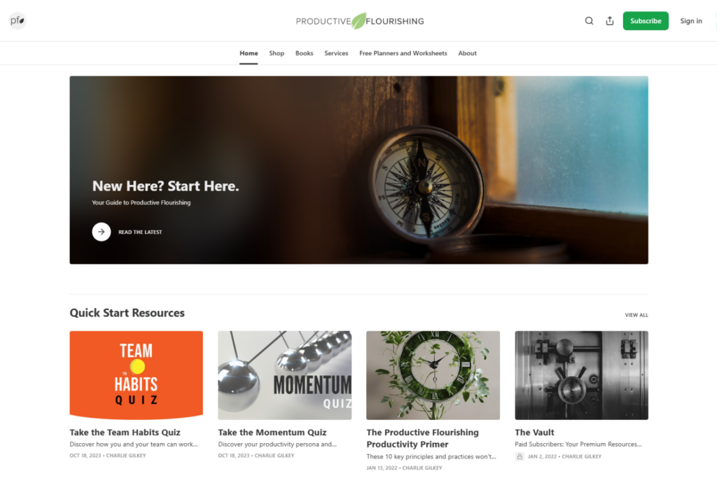 Productive Flourishing homepage featuring productivity resources, articles, and planning tools