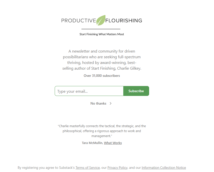 screenshot of The Productive Flourishing Newsletter subscribe page