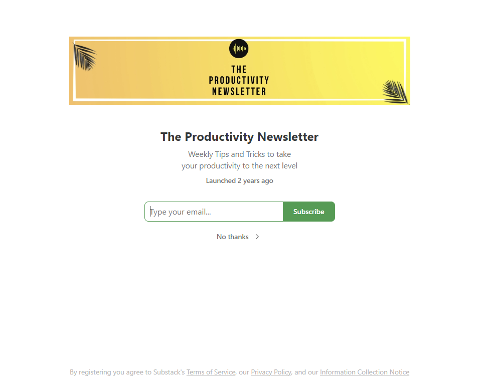 screenshot of The Productivity Newsletter subscribe page