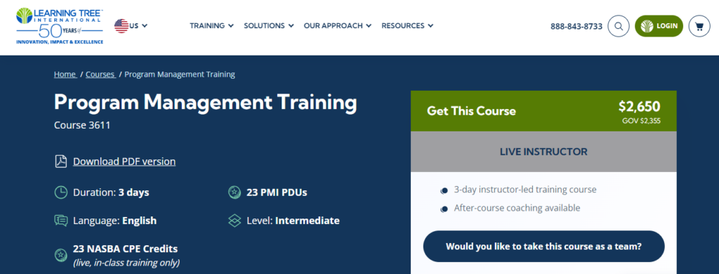 Program Management Training course page screenshot