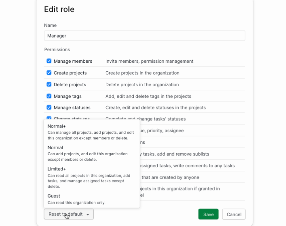 Screenshot of Quire's permission control features, which allow users to check and uncheck a list of permissions for each role.