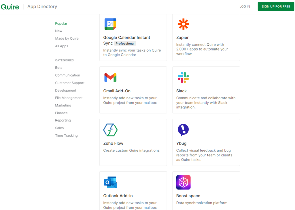 Screenshot of Quire's integrations page, showing integrations with Google Calendar Instant Sync, Zapier, Gmail Add-On, Slack, Zoho Flow, Ybug, Outlook Add-in, and Boost.space.