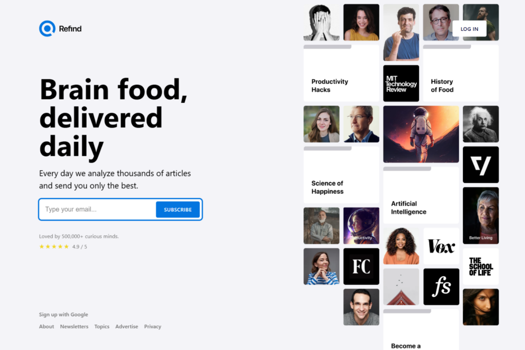 Refind homepage featuring a daily newsletter with curated articles across multiple topics