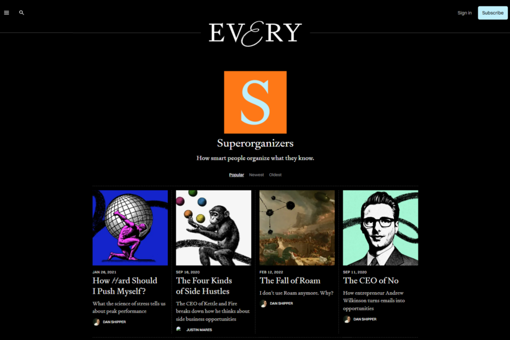 Superorganizers by Every homepage featuring articles on knowledge management and productivity