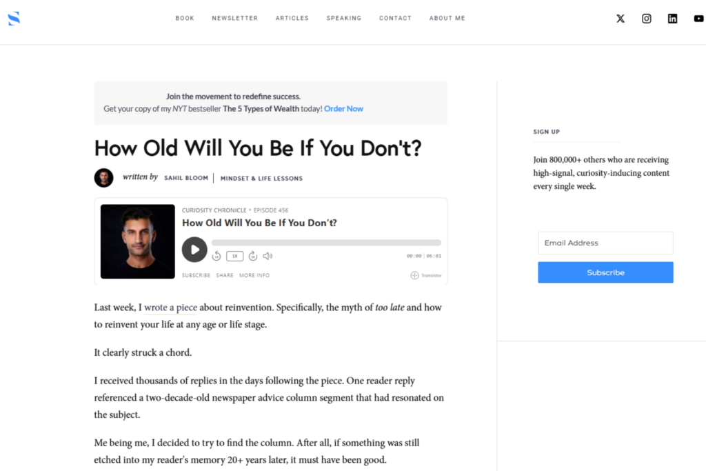 The Curiosity Chronicle article page featuring a mindset and life lessons newsletter