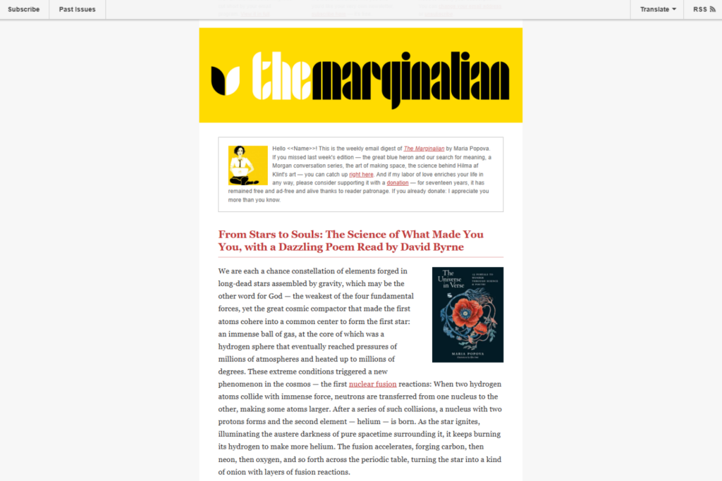 The Marginalian newsletter featuring a long-form essay on science, literature, and philosophy
