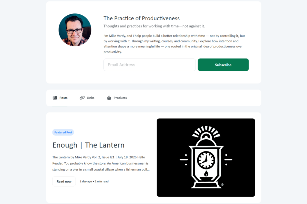 The Practice of Productiveness newsletter featuring articles on mindful productivity and time management