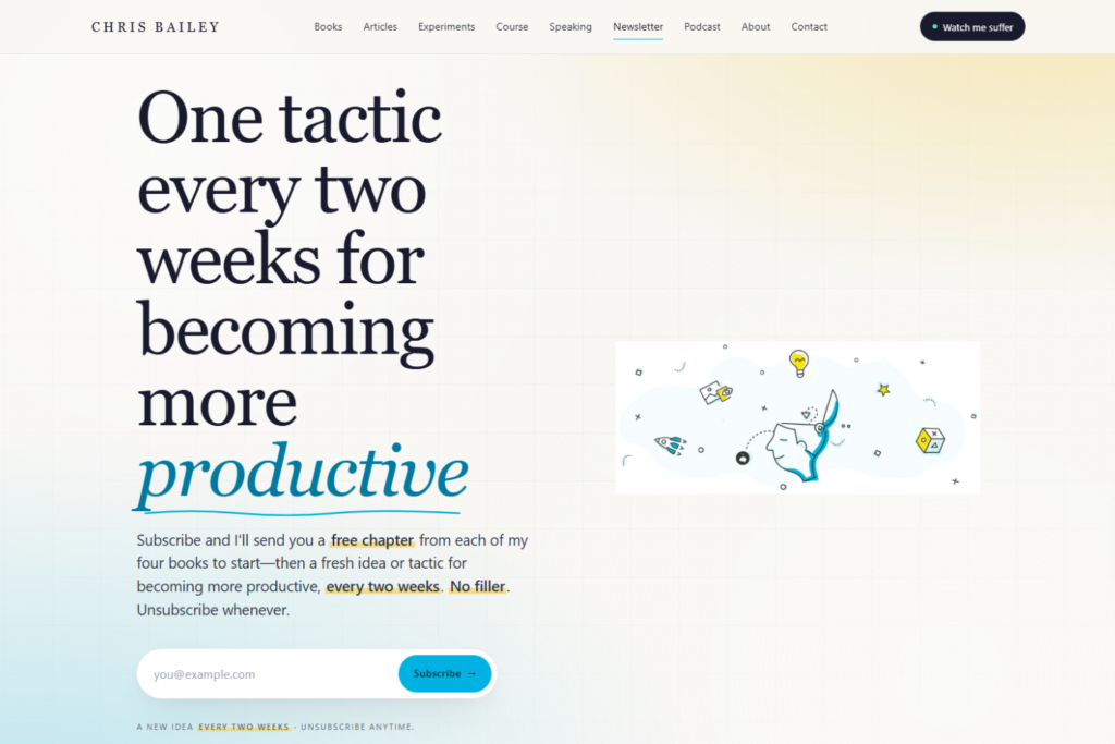 The Recap Newsletter signup page featuring biweekly productivity tips from Chris Bailey