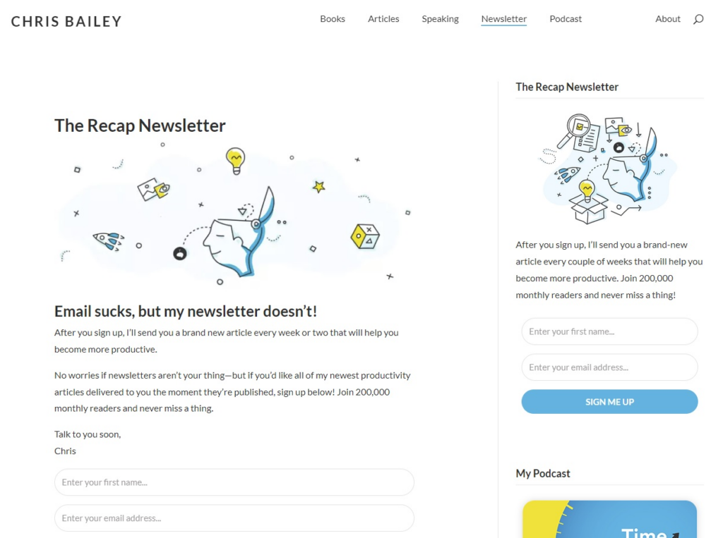 screenshot of Recap Newsletter for productivity landing page