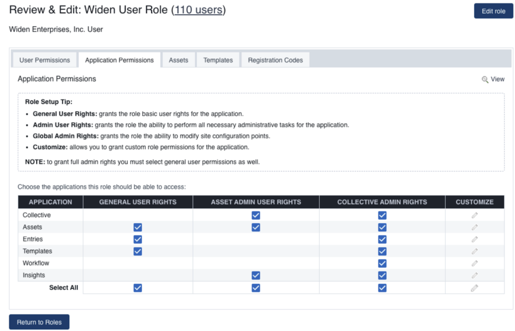 Screenshot showing Acquia DAM's application permissions feature, which allows a manager to determine who gets general user rights, asset admin user rights, and collective admin rights.