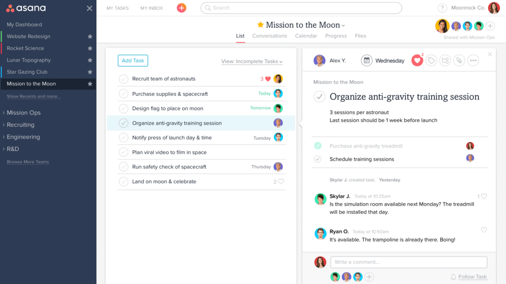 Screenshot showing a task list for a project in Asana, including a list of tasks with their scheduled completion dates and assigned team member. Users can also add comments to tasks.