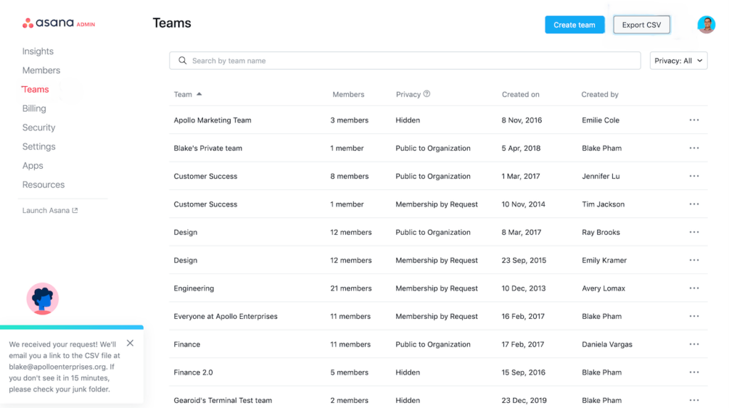 Screenshot showing Asana's Teams page, which allows users to create and manage teams.