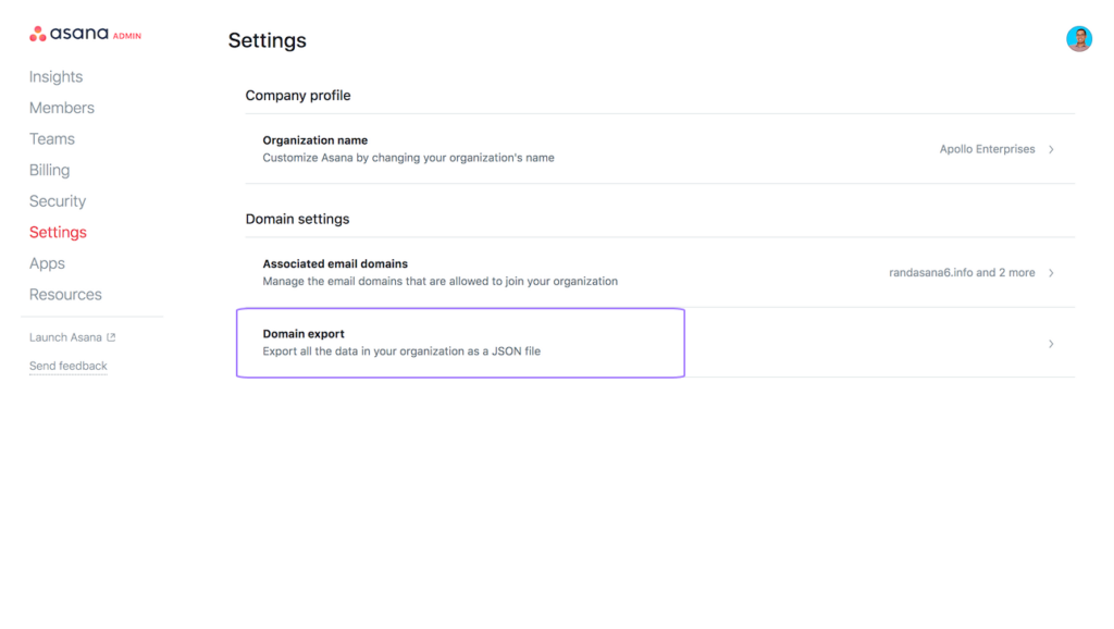 Screenshot of Asana's settings page, including a Domain export feature, which allows you to export all the data in your organization as a JSON file.