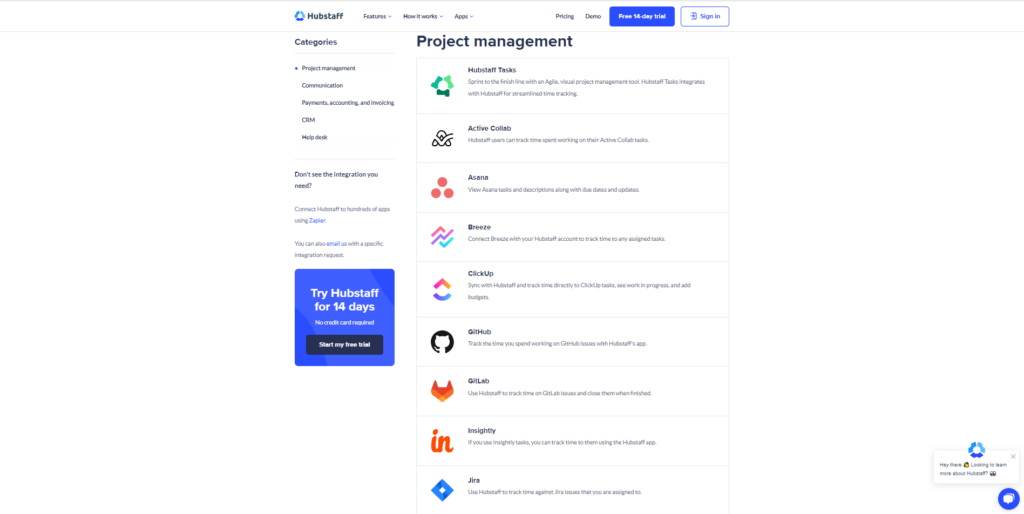 hubstaff integrations screenshot