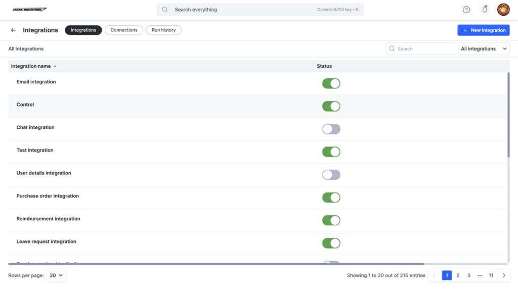 Screenshot of Kissflow's integrations hub, which allows users to turn types of integrations, such as chat and user details integrations, on and off.