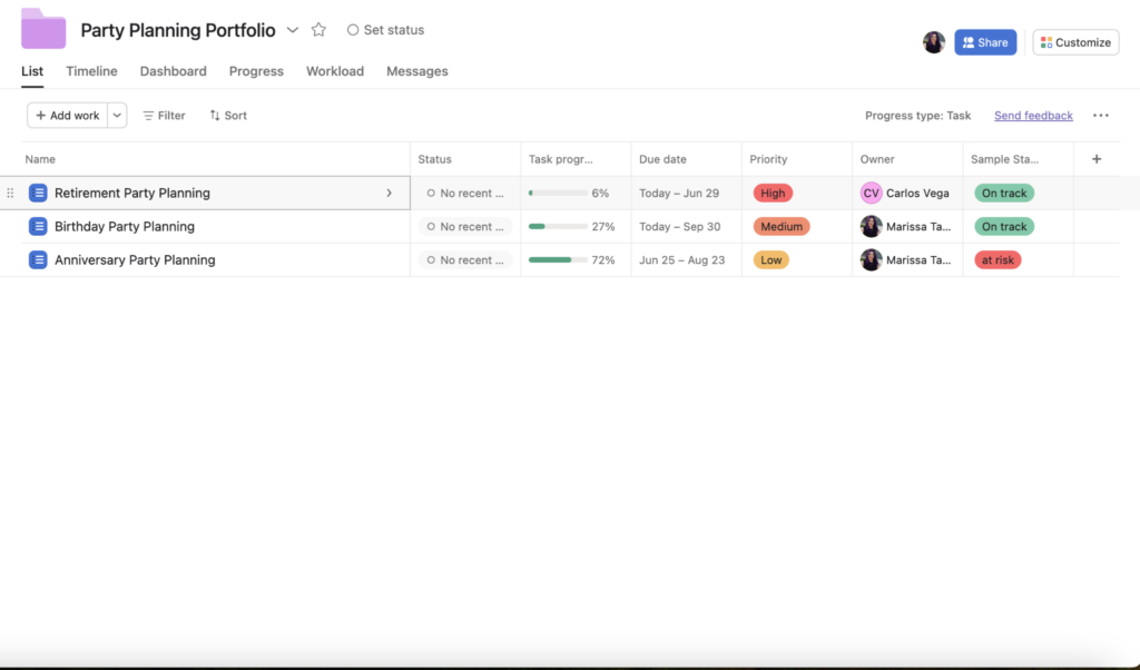 prioritize projects screenshot from Asana