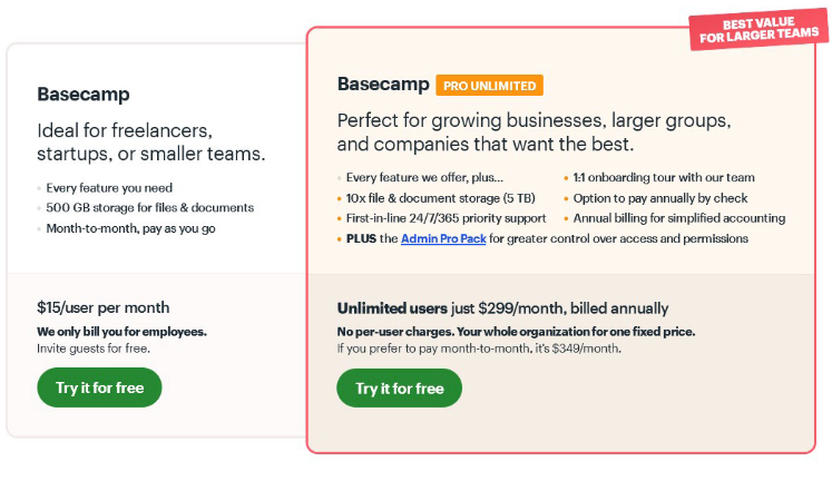 screenshot of basecamp plans and pricing tiers