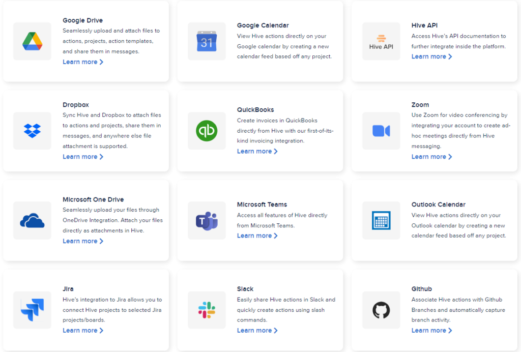 screenshot of hive integration capabilities
