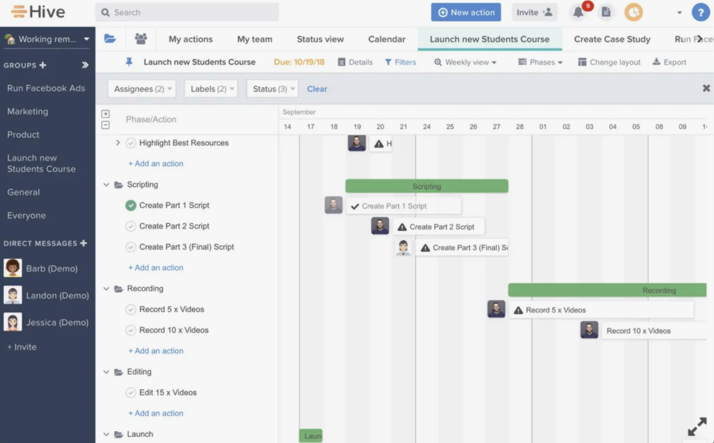screenshot of hive tailored project management features