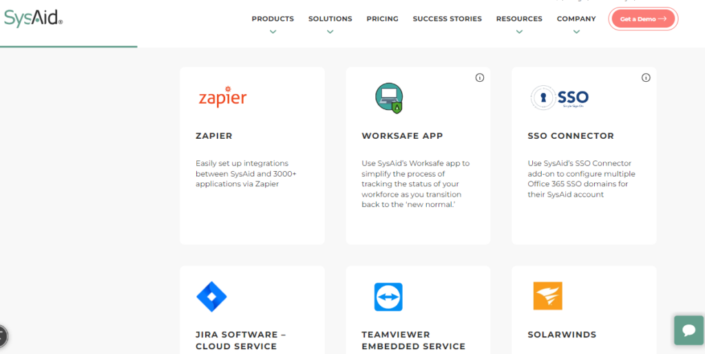 screenshot of sysaid integration capabilities