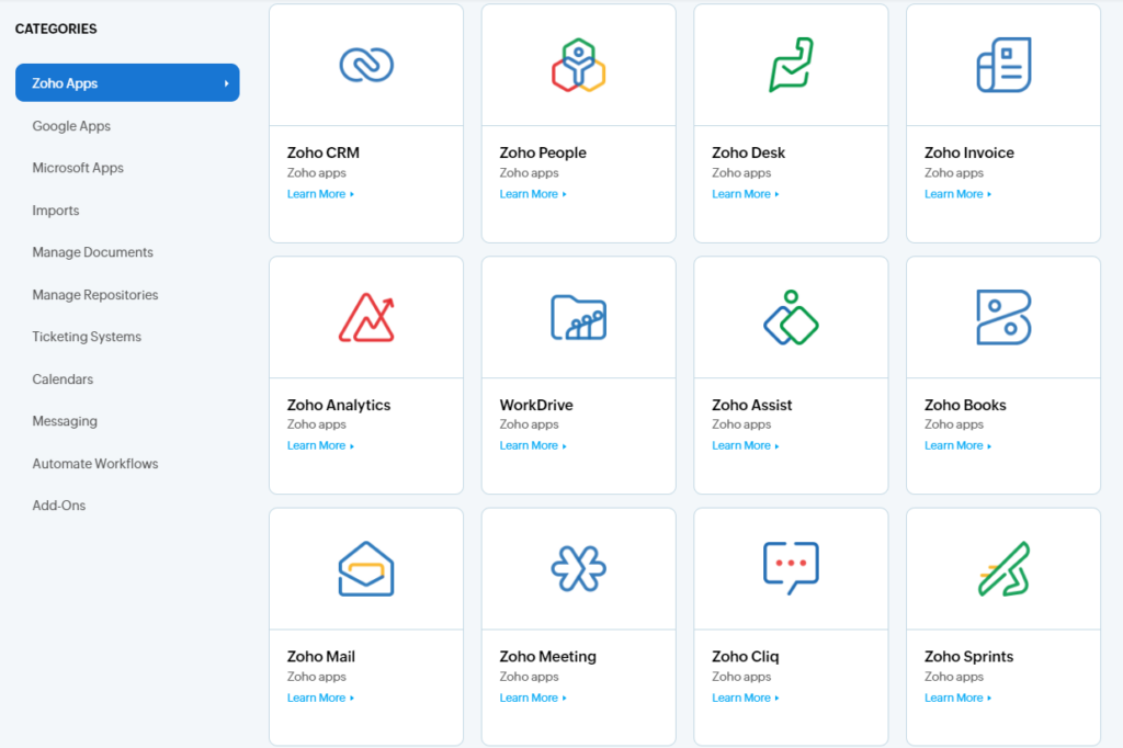screenshot of zoho projects integration capabilities