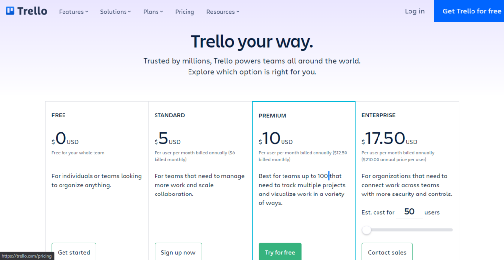 trello pricing screenshot