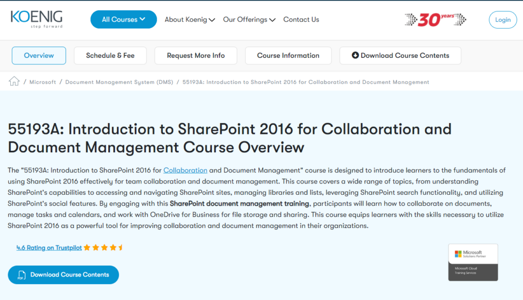 Introduction to SharePoint 2016 for Collaboration and Document Management (Koenig Solutions) website screenshot