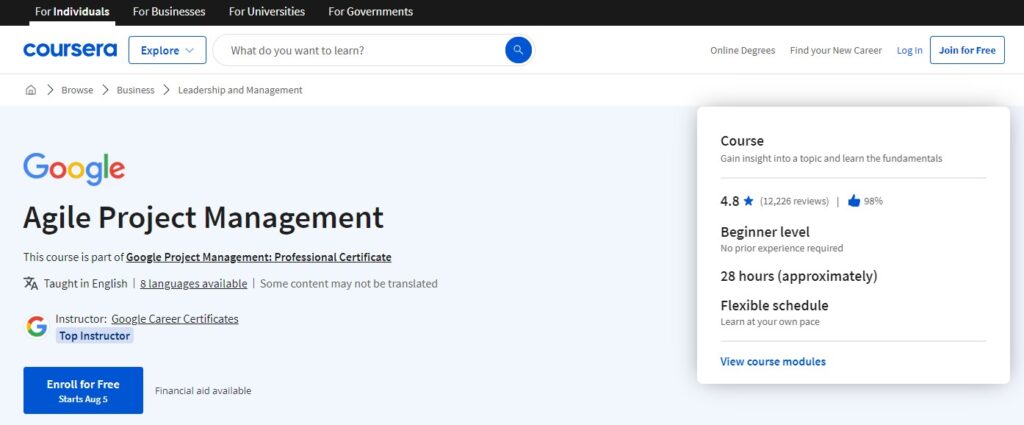 Agile Project Management course page screenshot