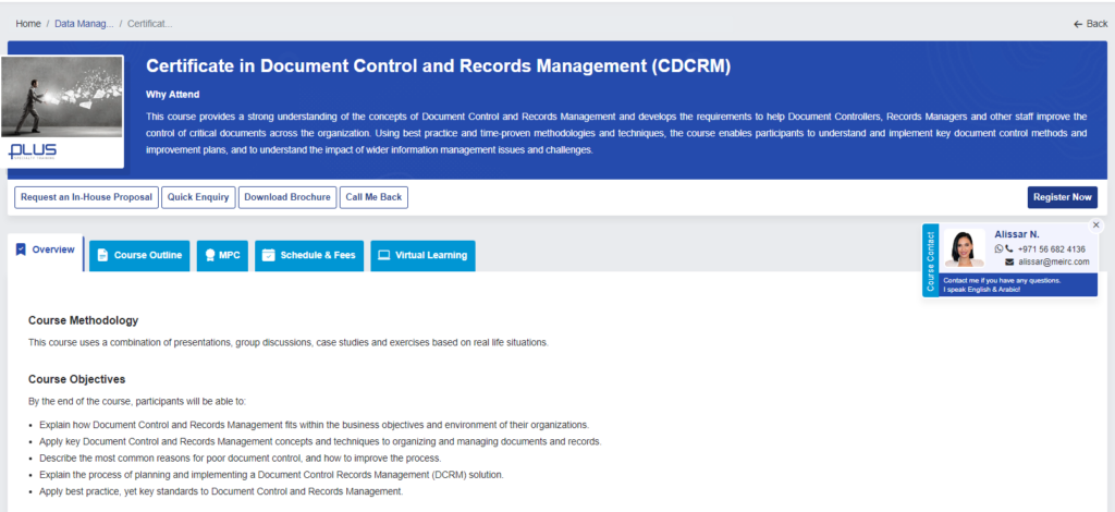 Certificate in Document Control and Records Management (CDCRM) website screenshot