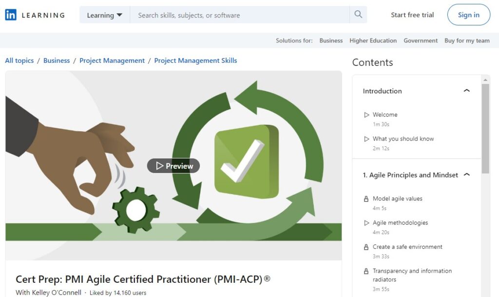 Cert Prep: PMI Agile Certified Practitioner (PMI-ACP) course page