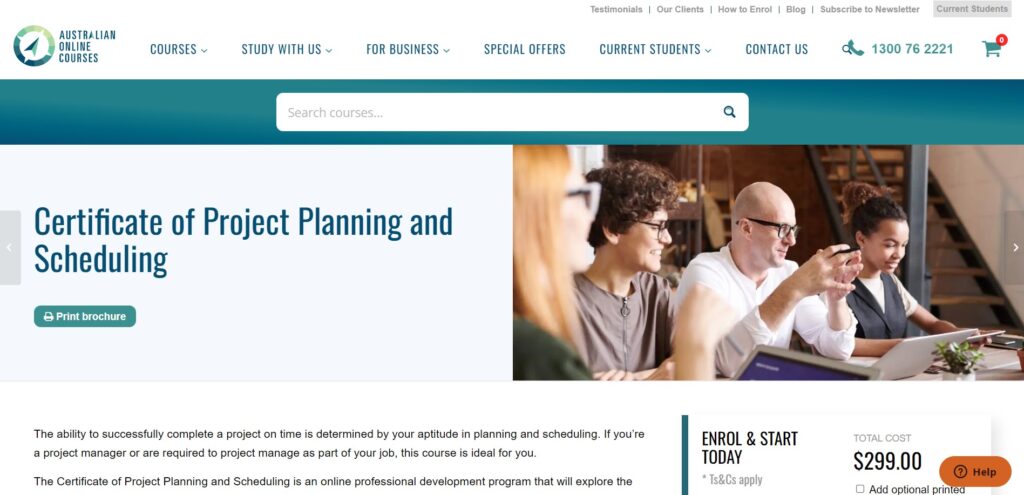 Australian Online Courses Certificate of Project Planning and Scheduling Landing Page screenshot