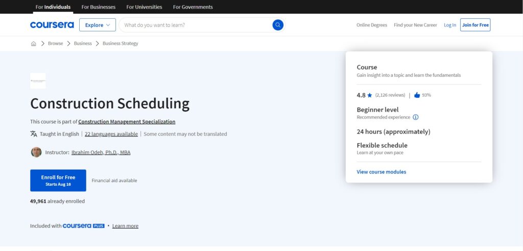 Coursera Construction Scheduling Course page screenshot