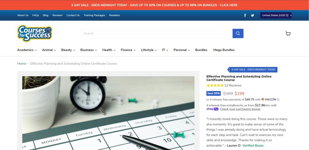 Courses For Success Effective Planning and Scheduling Online Certificate Landing page screenshot