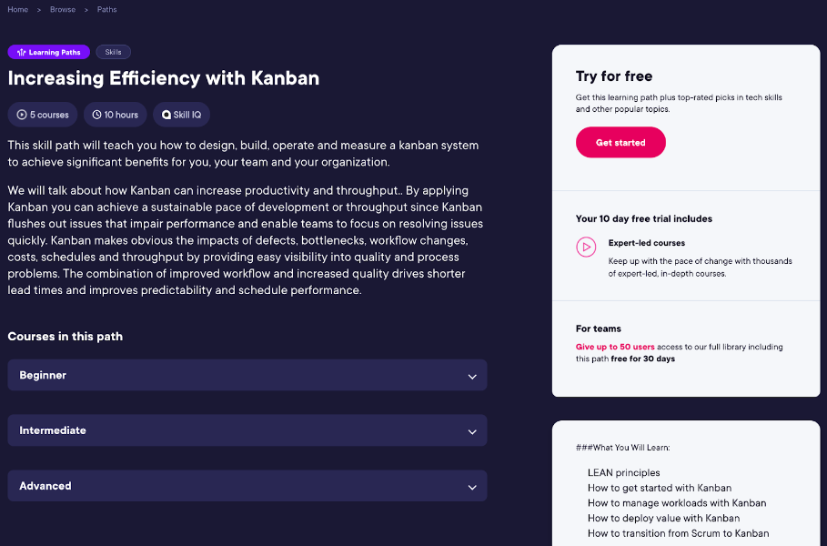 Increasing Efficiency with Kanban course overview screenshot