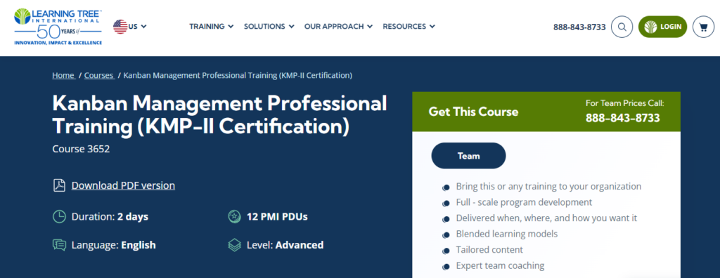 The Kanban Management Professional (KMP-II) training course website screenshot