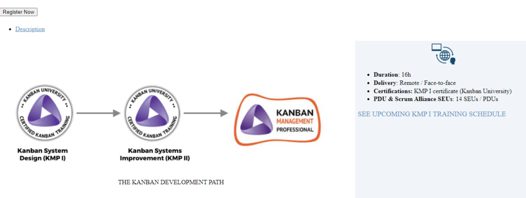 The Kanban System Design (KMP I) Training registration page screenshot