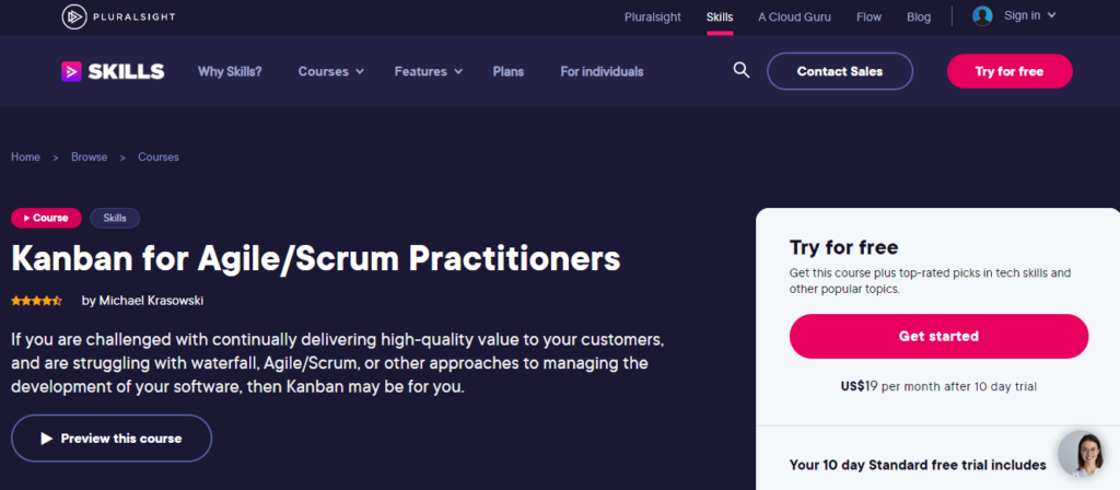 screenshot of the course page for Kanban for Agile/Scrum Practitioners
