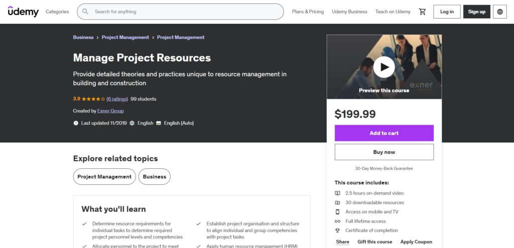 Udemy Manage Project Resources landing page