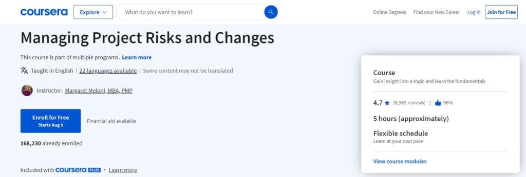 The Managing Project Risks and Changes course page screenshot