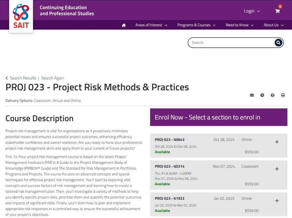 PROJ 023 - Project Risk Methods & Practices course landing page