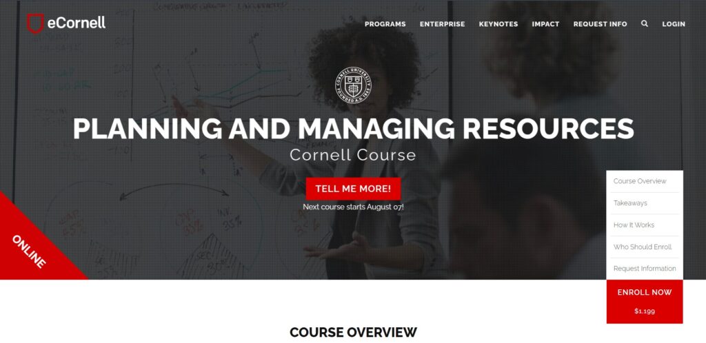 Planning and Managing Resources eCornell course landing page