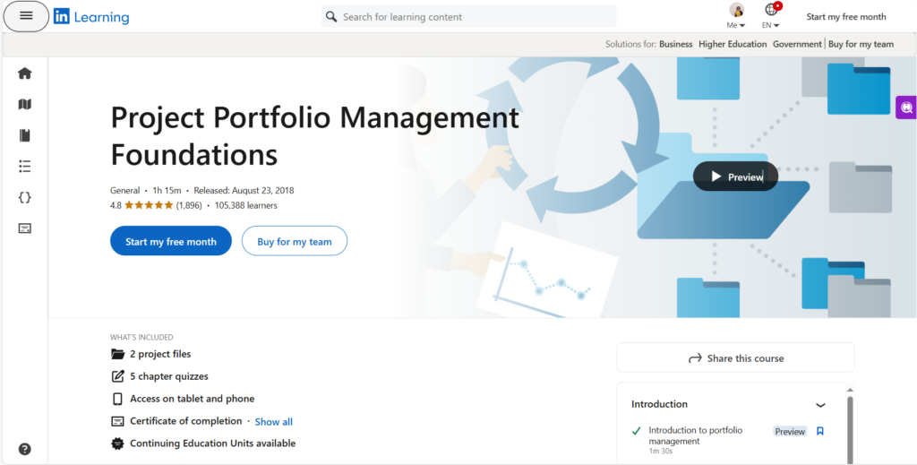 Screenshot of the landing page for the Project Portfolio Management Foundations course