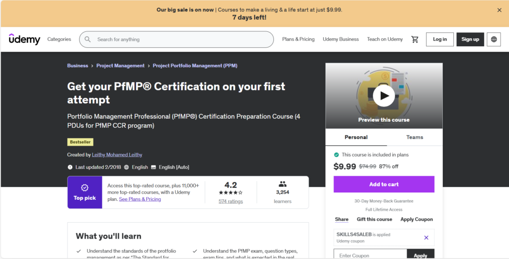 Screenshot of Get your PfMP Certification on your first attempt course landing page